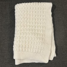 VTG Baby Blanket Afghan Hand Knit White 25 X 36