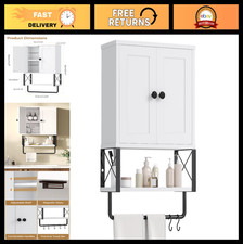White Bathroom Wall Cabinet with Towel Rack | 2 Doors, Adjustable Shelves & Hook
