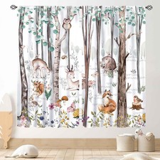 Woodland Curtains for Kids Room Nursery, Rustic Woodland Wild Animals Waterco...