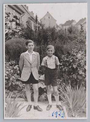 2 Boys in Shorts in Backyard Garden in August 1939 - Vintage Photo 1930s
