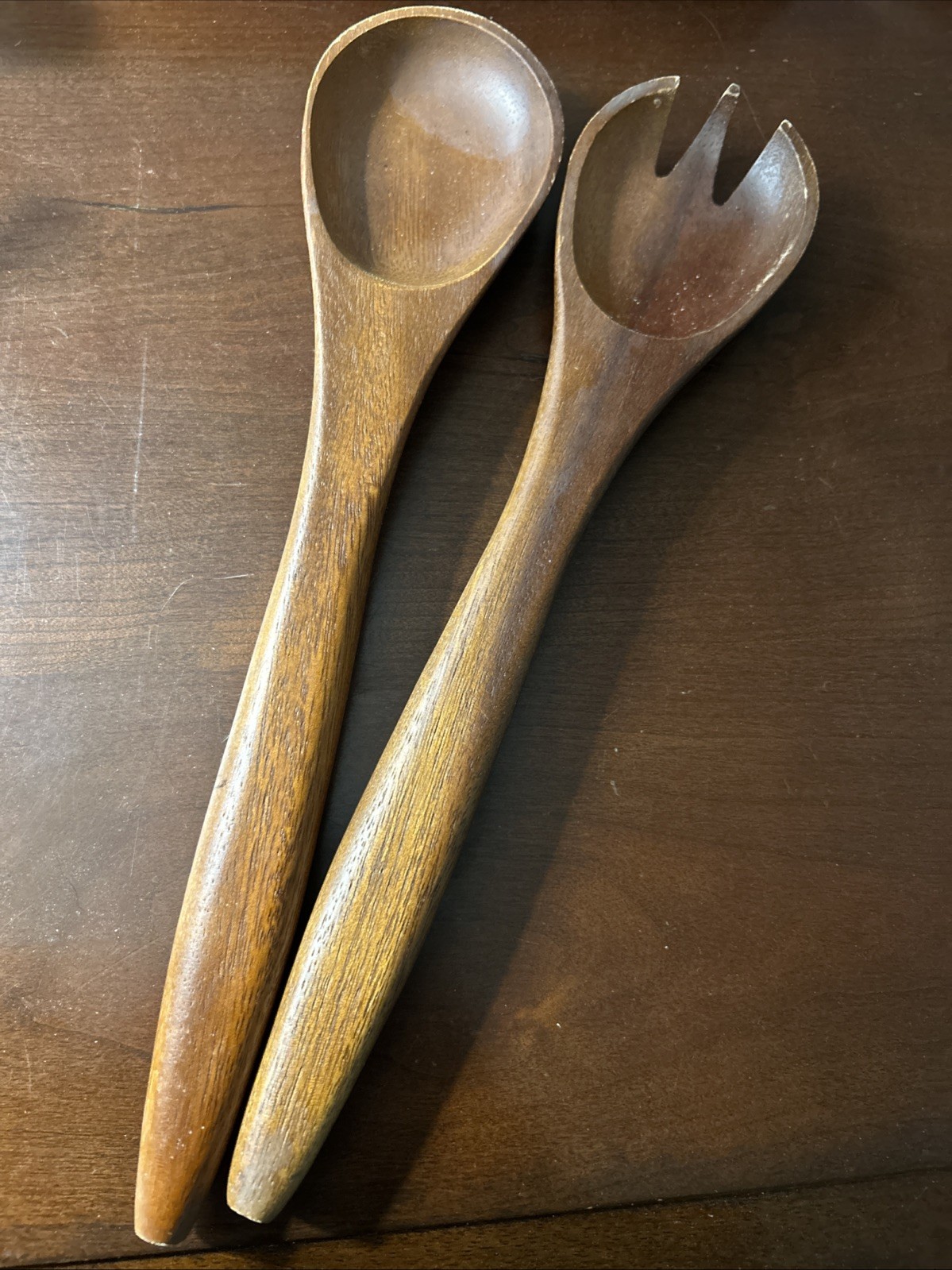 Two 2 Piece Pieces Genuine Teak Wood Salad Servers Spoon Spo