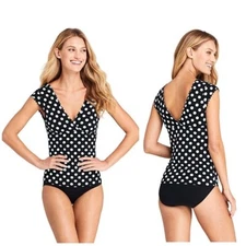 Landsend Swimwear Swim Top Size 8L Tankini Scallop Polka Dot Black White Womens