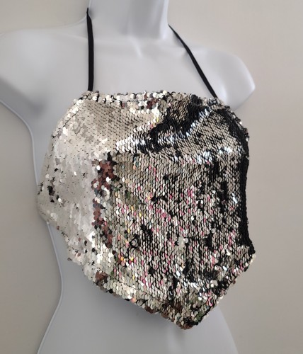 NEW Women’s Silver Sequin Halter Club Crop Top Backless Draped Blouse ,SMALL - Picture 5 of 18