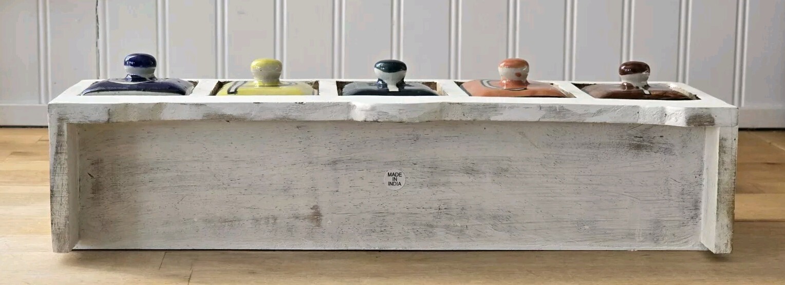 Wooden Spice Caddy Stand Cabinet 15" 5 Ceramic Spice Drawers Fuctional & Decor 