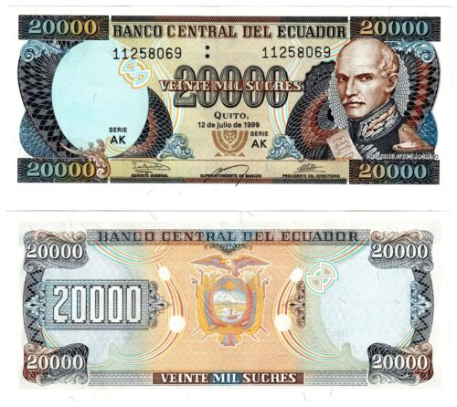 1999 Ecuador 20000 Sucres Banknote UNC P129 12/07/1999 - Picture 1 of 1