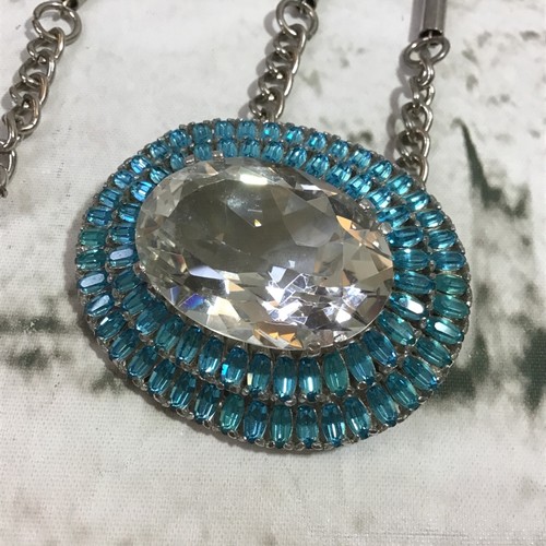 Pendant Statement Necklace Teal Oval Large Rhinestone Silver Toned Chain - Picture 2 of 5