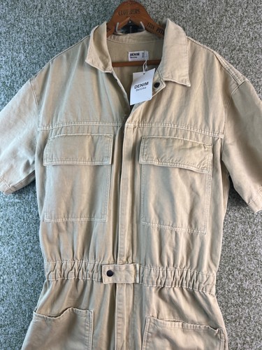 Bershka Denim Jump Suit Womens Medium Beige Overall Short Sleeve NWT - Picture 2 of 10