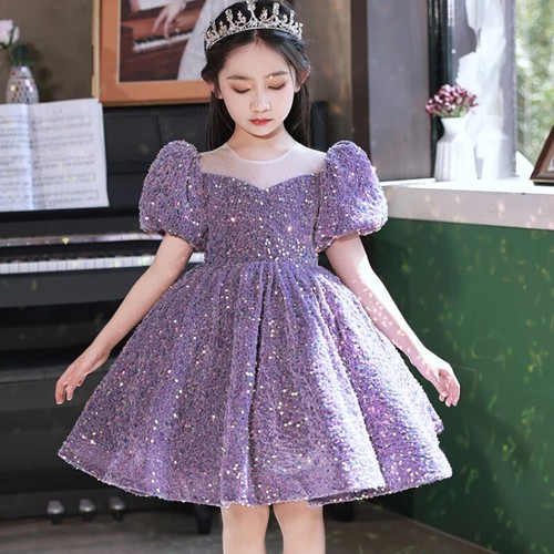 Evening Kids Formal Party Dresses Girls Purple Sequins Short Gown Luxury Pageant - Picture 5 of 30