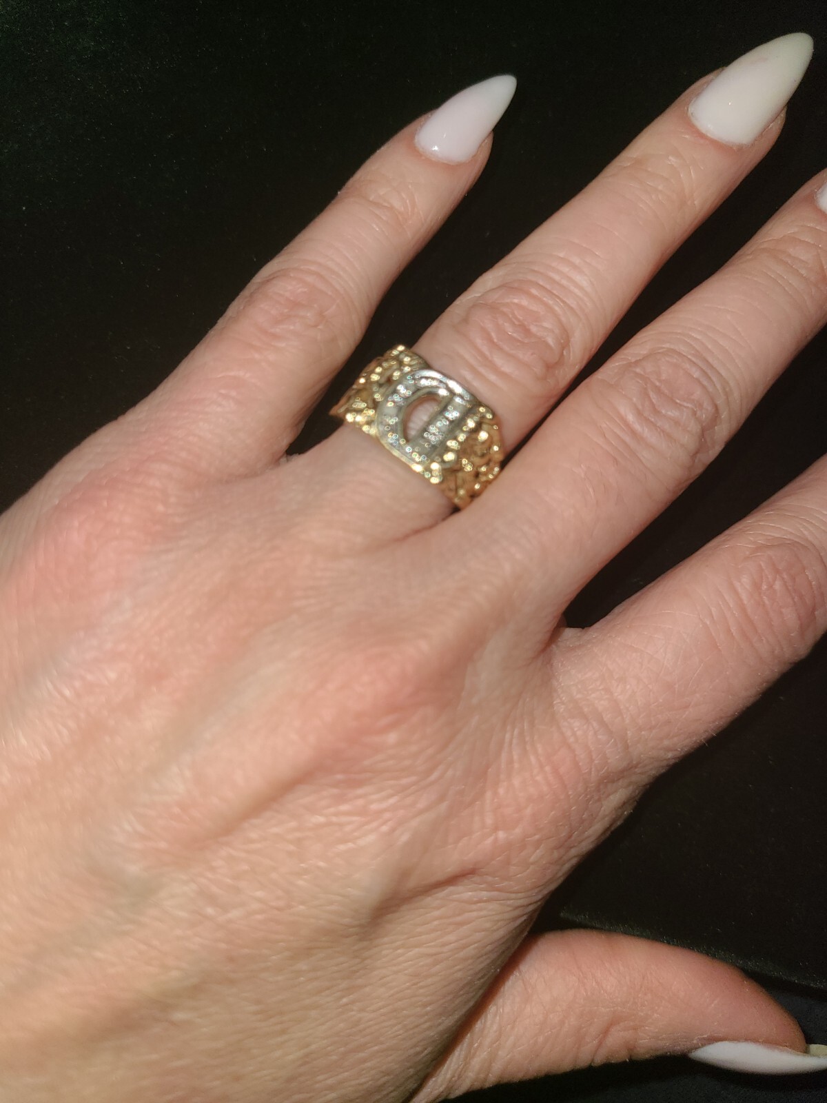 14k Gold Diamond Initial Ring, Solid Gold Nugget … - image 2