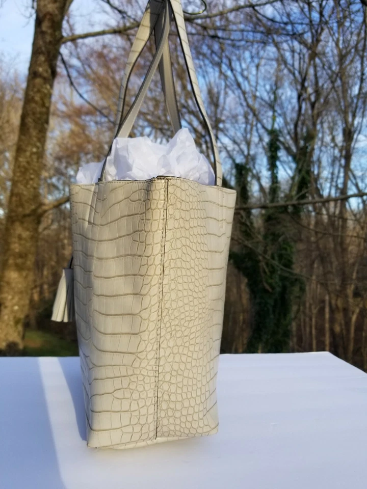 Vanilla Creme Faux Crocodile Leather Vegan Tote + Wallet & Pouch, 3 Piece Set - Image 4 of 4