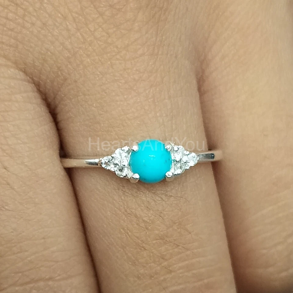 1ct Round Cut Natural Turquoise & Diamond 14k SOLID White Gold Engagement Ring - Image 2 of 4