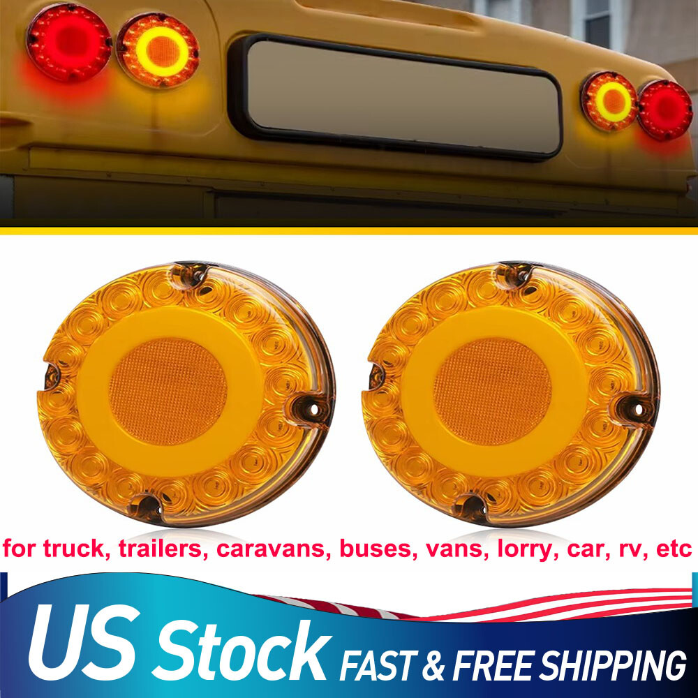 2-Pack 7-Inch Round LED Amber Tail Lights - Rear Brake, DRL, Signal, and Turn Indicators for Buses, Trucks, and Trailers
