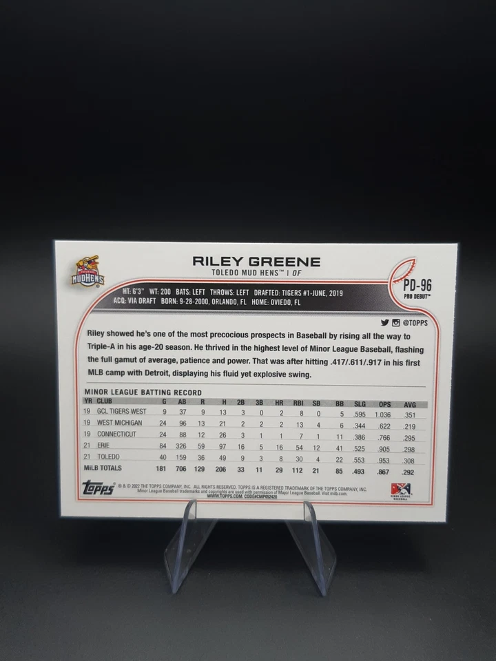 2022 Topps Pro Debut Riley Greene Toledo Mud Hens #PD-96 - Image 2 of 2