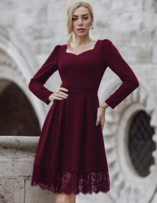 Burgundy Contract Lace Trim Sweetheart Neck Long Sleeve XL Dress | eBay Burgundy Contract Lace Trim Sweetheart Neck Long Sleeve XL Dress | eBay