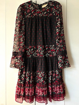 Michael Michael Kors Black Floral Chiffon Tiered Ruffle Shift Dress S Short