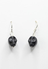 Skull Black Earrings 925 Sterling Silver Hooks Halloween Costume 1" Pirates