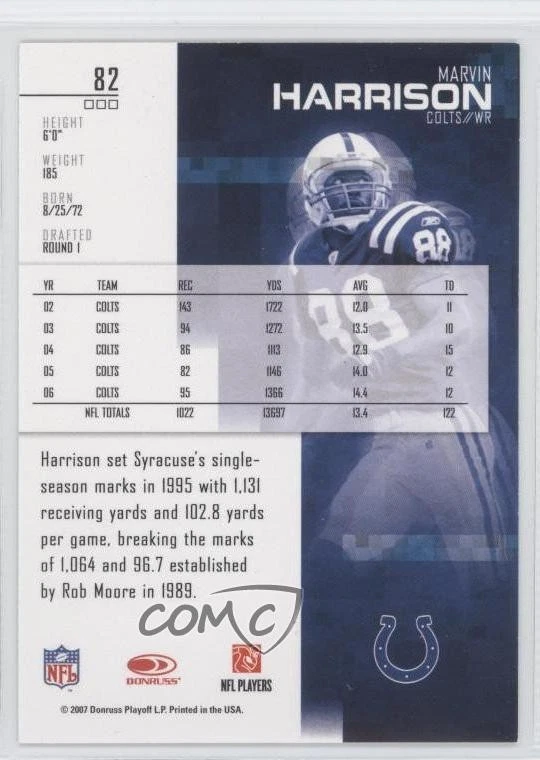 2007 Leaf Rookies & Stars Longevity Marvin Harrison #82 HOF - Image 2 of 2