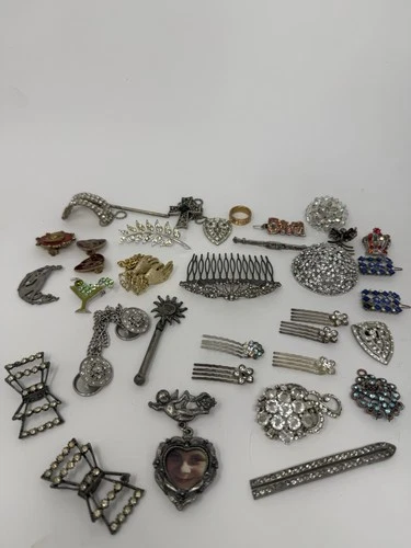 Vintage mixed Costume Jewelry brooch Lot + Etc Rhinestones Hair barrettes Charms