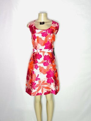EVA MENDES ORANGE BRIGHT PINK MULTI COLOR FLORAL FIT & FLARE DRESS SZ XL