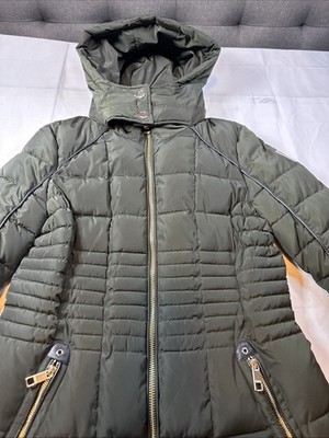 GUESS Womens Puffer Jacket Full Zip Hoodie Green Sz- M