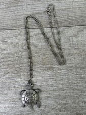 Silver Tone Sea Turtle Pendant Necklace 24" Chain Ocean Beach Animal Charm