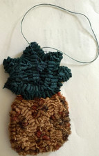 VTG 1980's Handmade Hooked Rug Hand Dyed Wool Pineapple On Burlap Decor Ornament