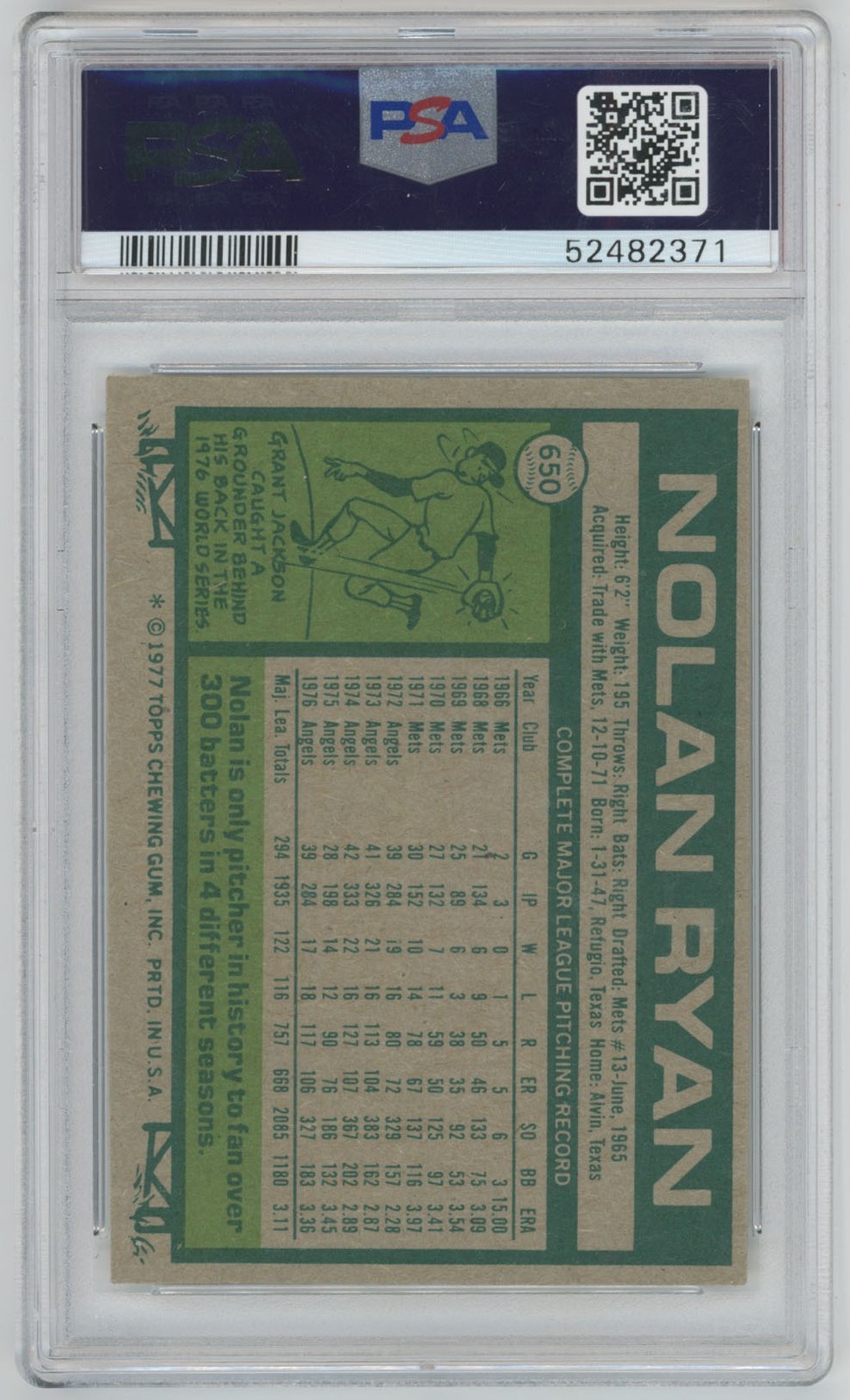 1977 Topps 650 Nolan Ryan PSA 8 732654 view 2
