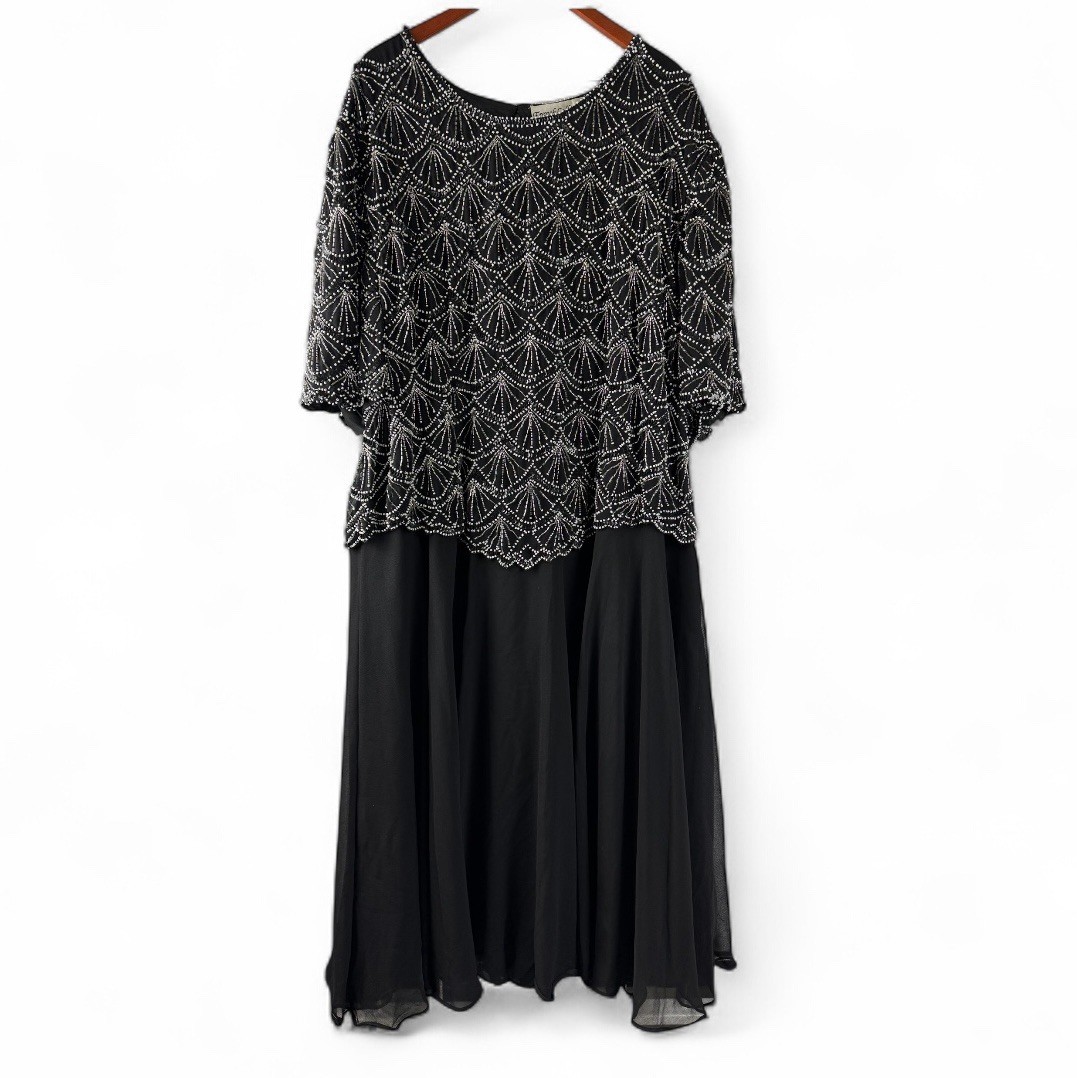 Vintage French Collizioni Sequin Beaded Formal Midi Dress Black Size 5X