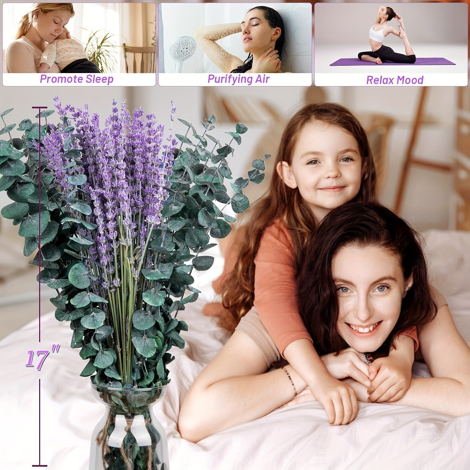 17″ 115Pcs Dried Eucalyptus Flower Lavender Mix Bouquet for Shower Home Decor