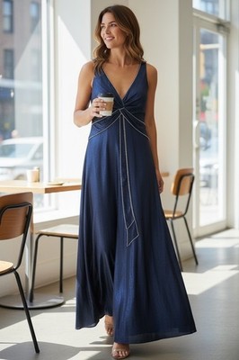 Mariana USA Navy Blue Formal Maxi Dress 3XL Beaded Evening Gown Open Back Prom