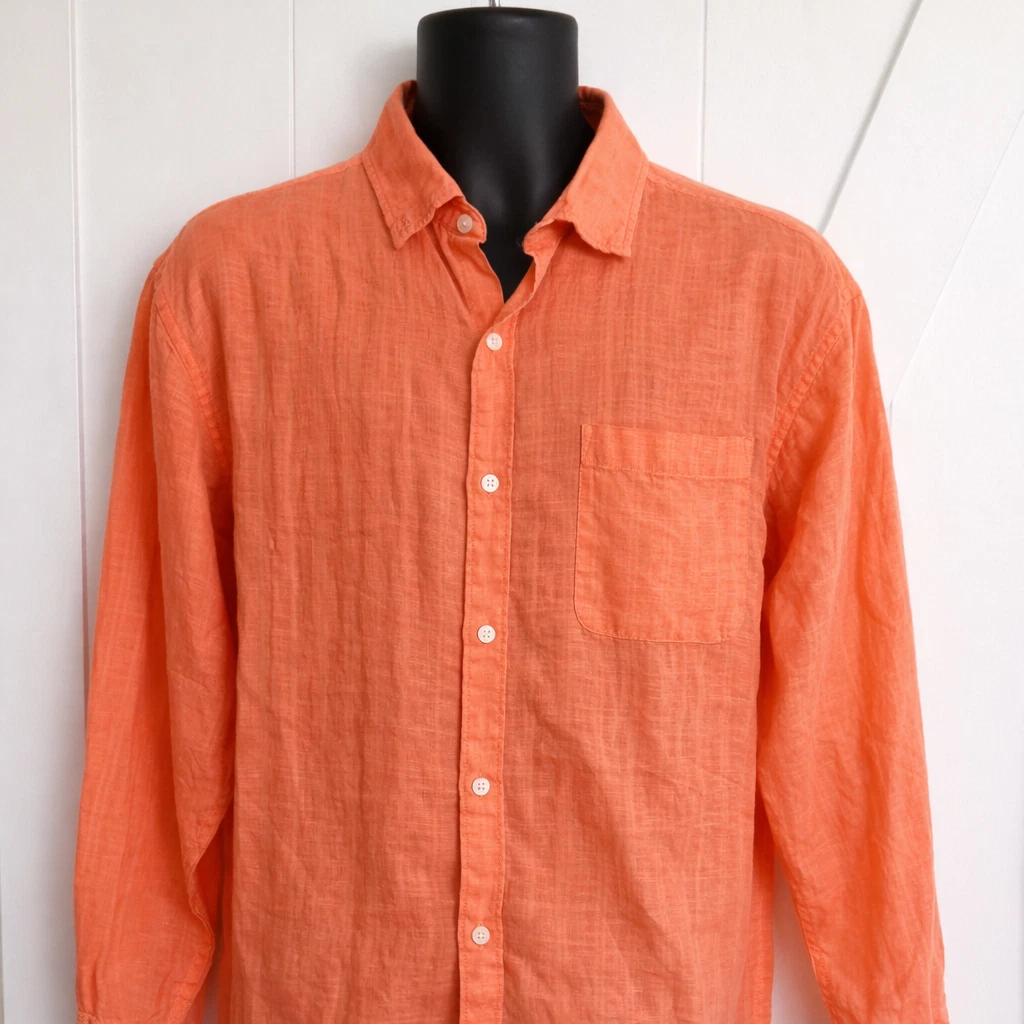 Caribbean Shirt Mens XL Linen Blend Coral Orange Button Up Beach Casual Lightwt