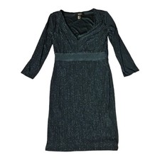 Forever 21 Green Metallic Ribbed Midi Dress Small Long Sleeve V-Neck