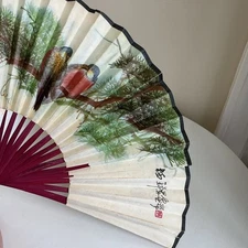 Asian Art Paper Fan Souvenir Bird Art Chinese Writing Red Handle Vintage 90s