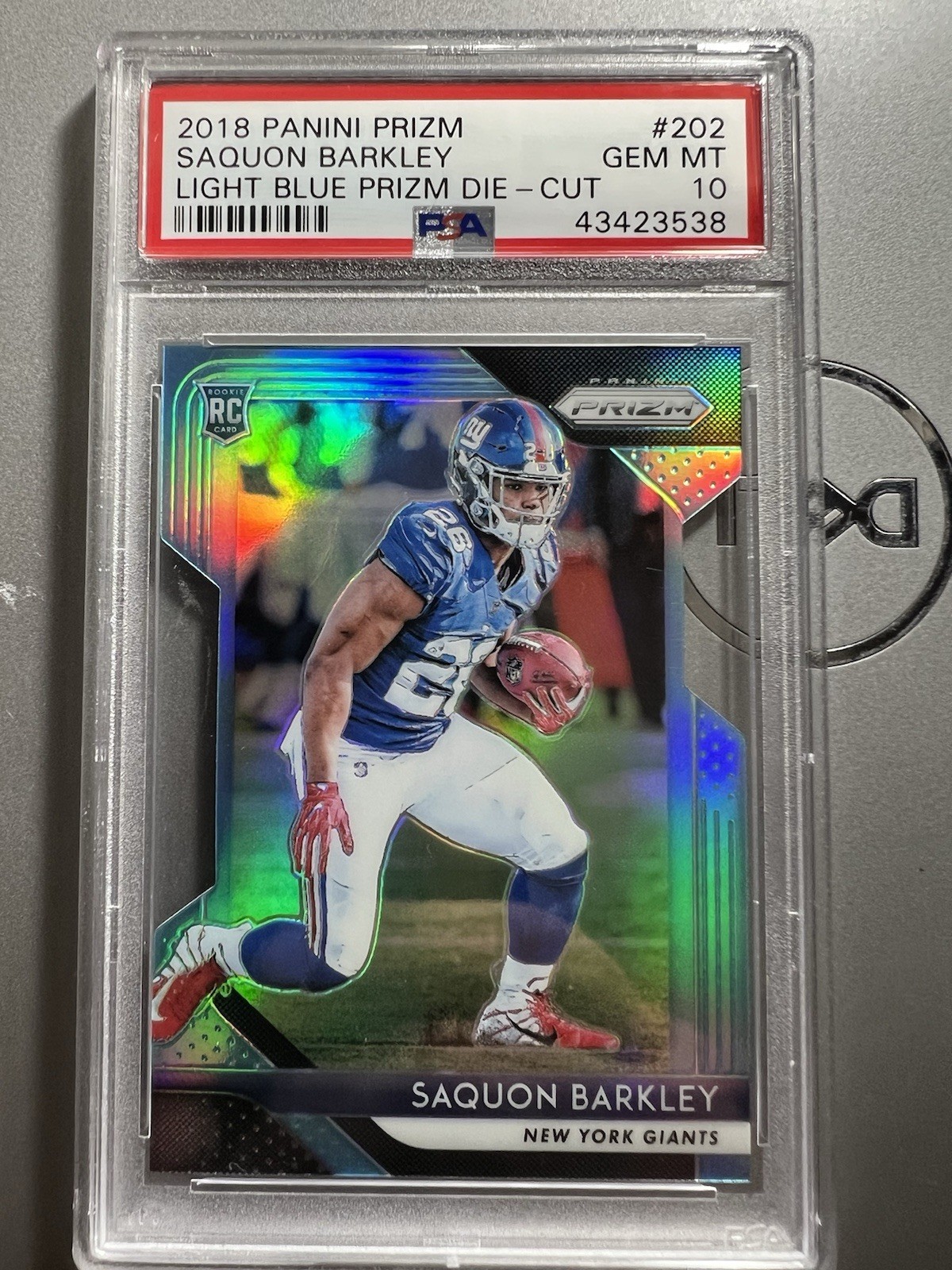 2018 Prizm Saquon Barkley #202 Light Blue Prizm Die-Cut /199, RC, PSA 10 Pop 22