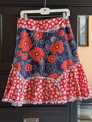ANTHROPOLOGY VINTAGE ODILLE RED WHITE BLUE POPPY LINED RUFFLES SIDE ZIP SKIRT 8