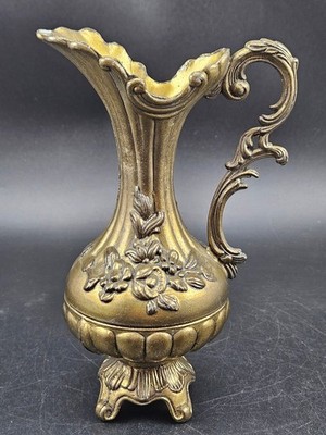 Vtg Brass Ewer Pitcher Ornate Floral & Secret Stash Compartment Made in Italy
