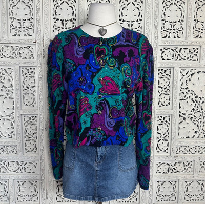 Vtg Vanna White By R&K Artsy Colorful Abstract Button Up Cropped Blouse Sz M