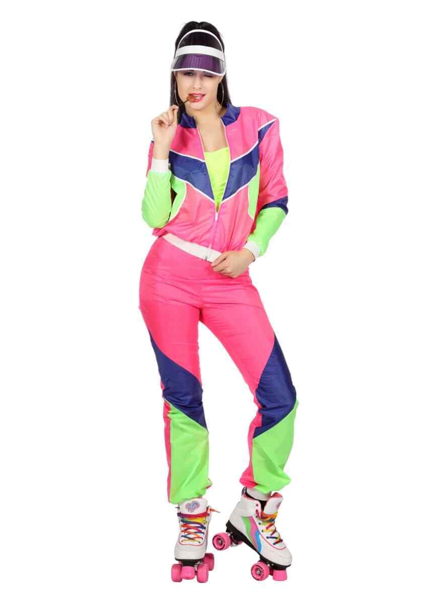 80er Trainingsanzug Kostüm Aerobic Roller Skate Rollschuh Sport Anzug Neon Damen