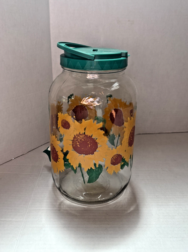 Vintage 90s 1 Gallon Sunflower Print Glass Lemonade & Tea Pitcher Jug NO Leaks - Picture 5 of 7