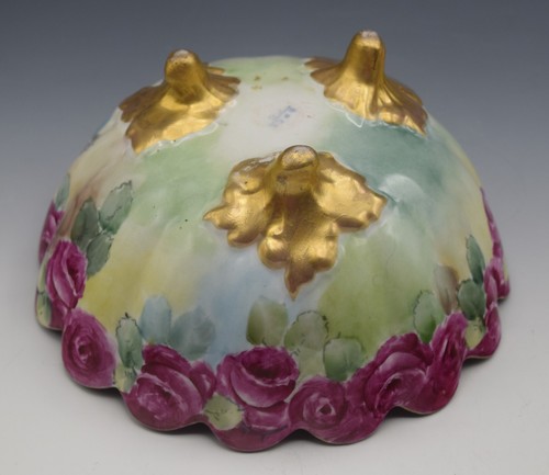 ANTIQUE CONTINENTAL PORCELAIN HAND PAINTED ROSES SCALLOPED FOOTED BOWL MARKED - Picture 3 of 10