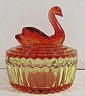 VTG 1970's Jeanette Amberina Swan Glass Powder Trinket Dish Red Orange Yellow