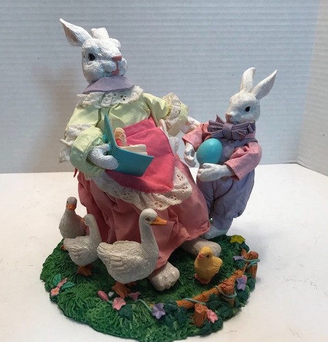 easter ceramic figurine mother bunny and son with real clothes
