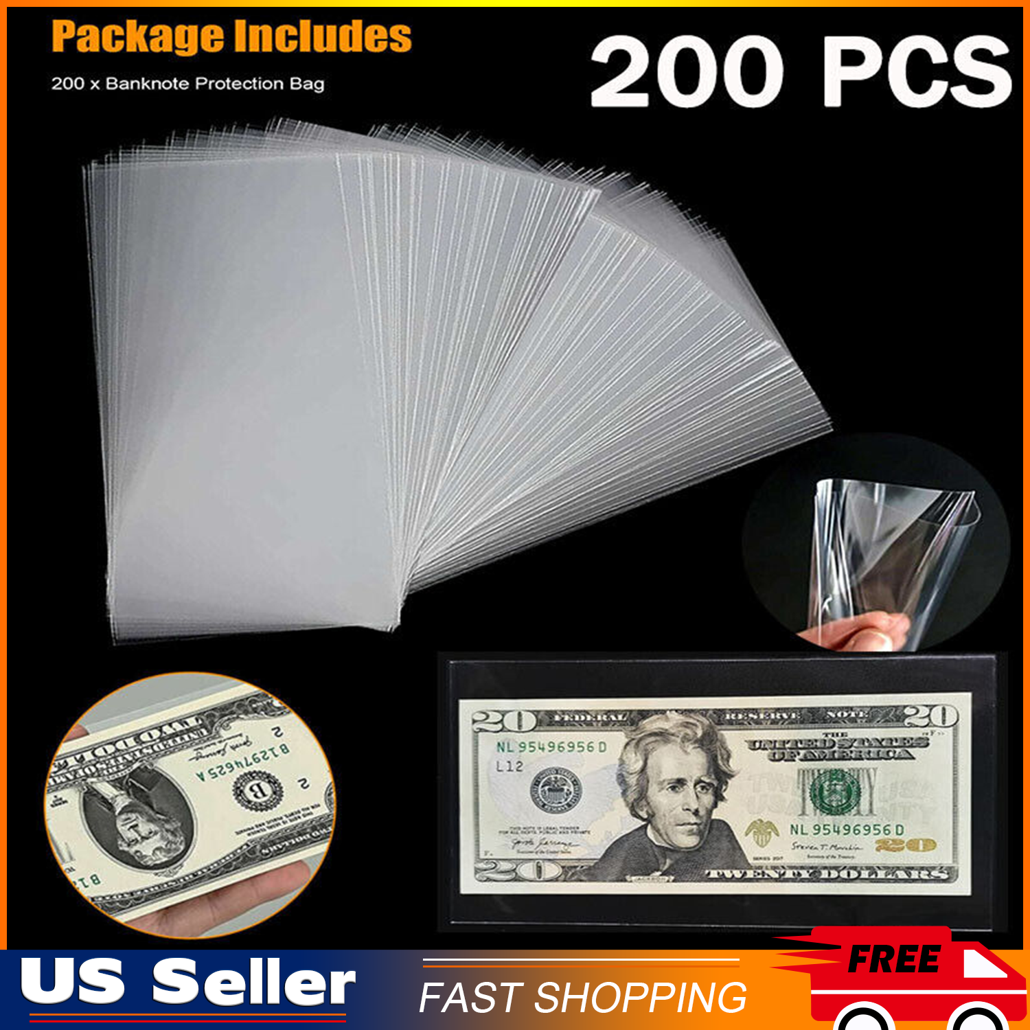 200 X Money Bag Storage Protect World/US Currency Banknotes Clear Soft Sleeves