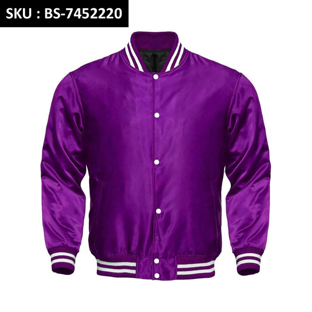 PURPLE SATIN Varsity Letterman Bomber BASEBALL Jacket* PURPLE & WHITE
