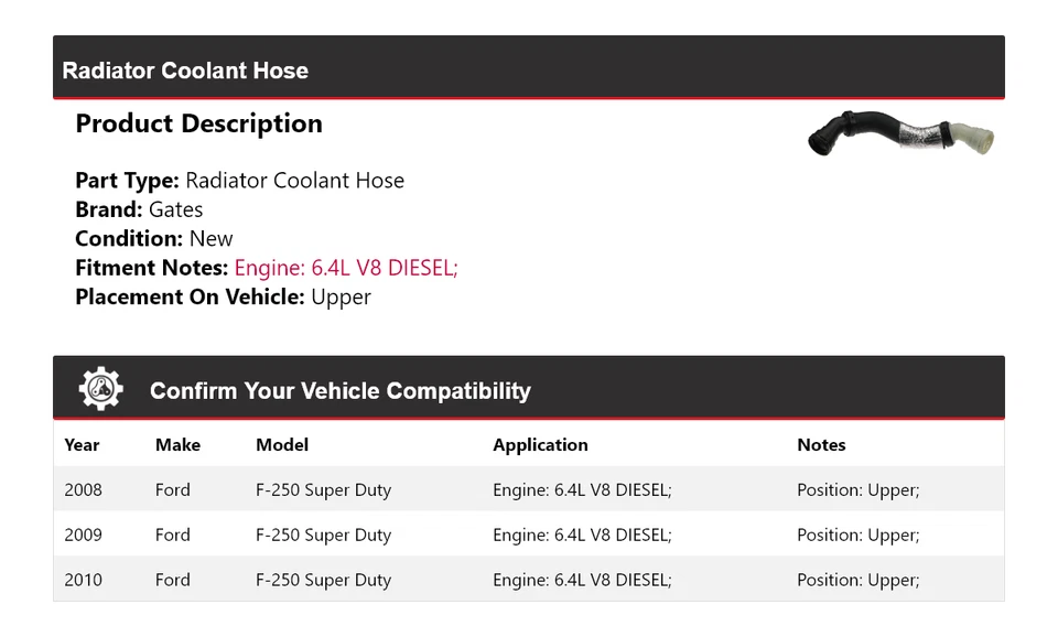 适用于 2008 - 2010 年福特 F - 250 超级散热器冷却液软管上盖 2009 — 第 2/3 张图片