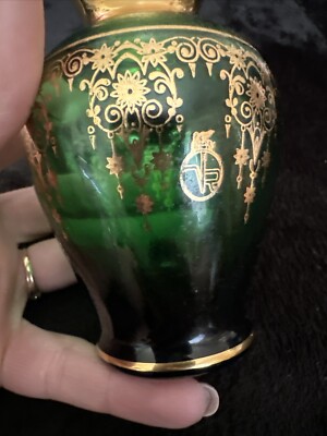 VECCHIA: Vtg Murano Italy Art Glass Green With 24K Gold Trim