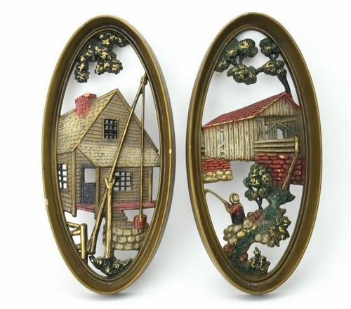 2 Oval Art Wall Plaque Countryside Watermill, Fisherman, Burwood Prod. USA - Picture 1 of 6