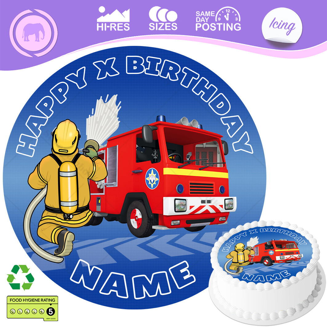Fireman Fire Engine Cake Topper Personalised Round Circle Edible