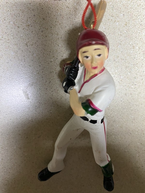 Baseball Player Hanging Christmas Ornament Figurine White Uniform Red Helmet
