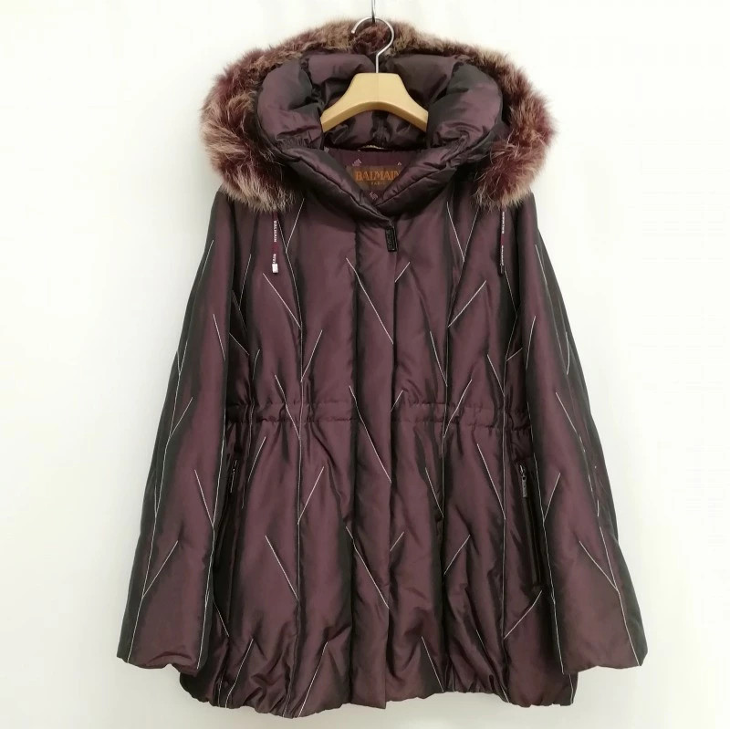 Balmain Vintage Women's Burgundy Fox Fur Down Coat Jacket M